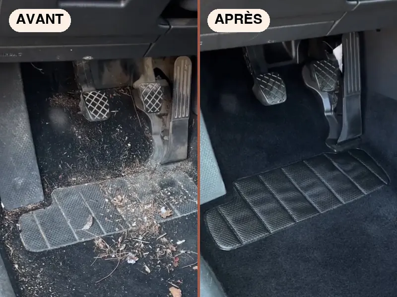 Tapis de sol et pédalier d'une voiture avant et après nettoyage à domicile à Strasbourg